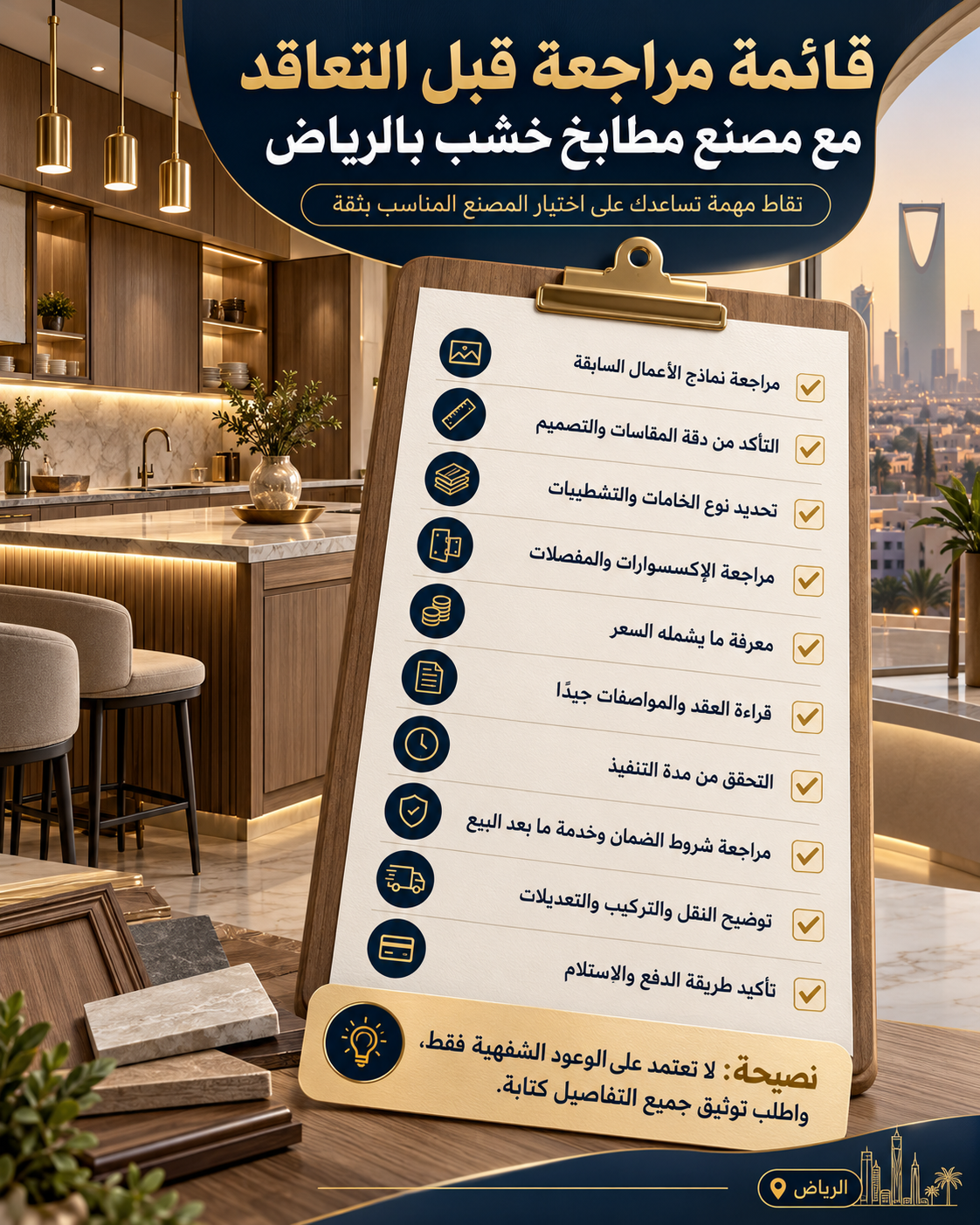 قائمة مراجعة قبل التعاقد مع مصنع مطابخ خشب بالرياض